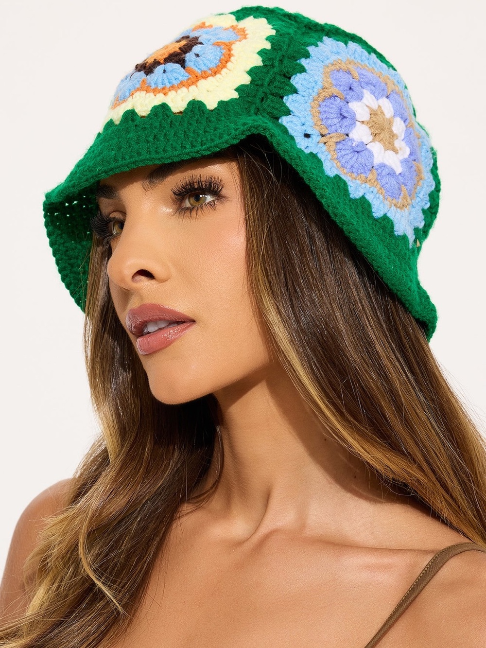 Fashion Nova Happy Vibes Crochet Bucket Hat with Multicolor Flower Motifs